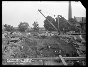 Distribution Department, Chestnut Hill Low Service Pumping Station, excavation in cofferdam for gatehouse, from the north, Brighton, Mass., Oct. 11, 1899