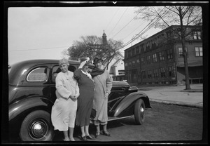 Mrs. Bunker, Miss Gertrude Gould, Miss Hattie Ells after dinner at the Abner Wheeler House we visited the furniture factory of Wallace Nutting in Framingham