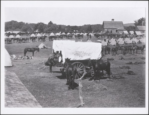 World War I encampment on Pelham Island with camp tents and covered wagon