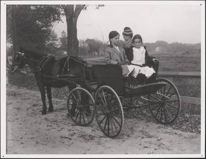 Mary, Ned and Kit sitting in horse-drawn carriage