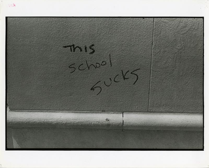 Graffiti reading "This school sucks"