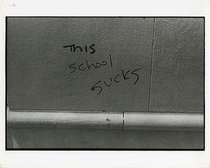 Graffiti reading "This school sucks"