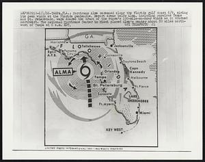 Hurricane Alma careened along the Florida gulf coast 6/9, aiming its peak winds at the Florida panhandle. Resort areas below Alma, including populous Tampa and St. Petersburg, were spared the brunt of the storm’s 100-mile-an-hour winds as it churned northward. The National Hurricane Center in Miami placed Alma’s center about 80 miles northwest of Tampa at 6 a.m. EDT.