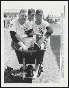 Sarasota, Fla.: Pete Ward (L) and Gary Peters are given a Wheelbarrow sightseeing trip around Arthur Allen Field here by Hoyt Wilhelm. White Sox are in spring training here for the up-coming baseball season.