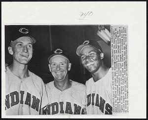 They Stopped the Tigers-Manager Joe Gordon (center) matches the smiles of pitcher Wynn Hawkins (left) and Vic Power (right) following the Cleveland Indians 2-1 victory over the Detroit Tigers at Detroit today. Hawkins pitched brilliantly for 11 innings holding the Tigers to five singles in his first major league victory. Power dumped a two-out single to left field and gave the Indians a 12-inning 2-1 win by scoring pinch hitter Carrol from second. The loss was Detroit's first after five straight victories.