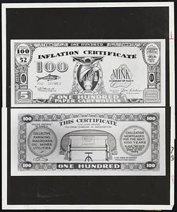 Funny Money Gets Treasury O. K.-The "inflation" currency printed by Jack Fulshear, Houston, Tex., advertising man, to lampoon and lambaste the Truman administration got treasury approval after an earlier squawk. Top photo shows face of new bill with the Democratic donkey nursing a bad eye and, below, the reverse side depicts an "unfinished symphony" score on a piano.