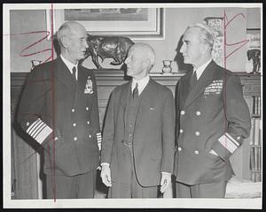 Naval Leaders with former Secretary of the Navy Charles Francis Adams. Fleet Admiral Ernest J. King, former chief of naval operations, left, in Boston yesterday to speak before the citizenship conference, was greeted by Adams and by Rear Admiral Morton L. Deyo, commandant of the First Naval district.