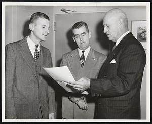 Mr. George F. Bettencourt (center), on behalf of John Hancock Mutual Life Insurance Company, presents 4,041 Crusader signatures and individual contributions raised by the John Hancock employees for the 1951 Crusade for Freedom drive to fight Communism. Presentation is made to John Quincy Adams (left), Crusade for Freedom Insurance Division Chairman, and General J. F. McManmon (right), Boston Crusade for Freedom Chairman.