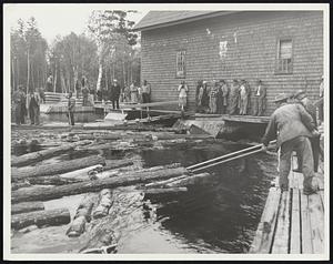 Woodsmen (above) apply peavies to the first logs to start the drive down the sluice-ways of Middle Dam