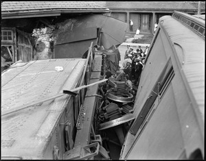 Railroad station wrecked by train in Stoughton