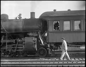 Two trains hit at North Station showing locomotive telescoping car. Boston & Maine R.R.
