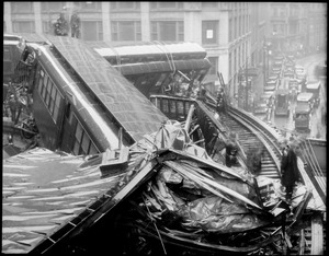 Boston Elevated train wreck at corner of Beach St. & Harrison Ave. Two killed.