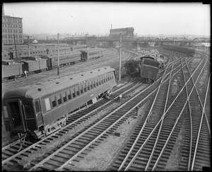 Locomotive and train jumps track. South Station near signal bridge no. 6