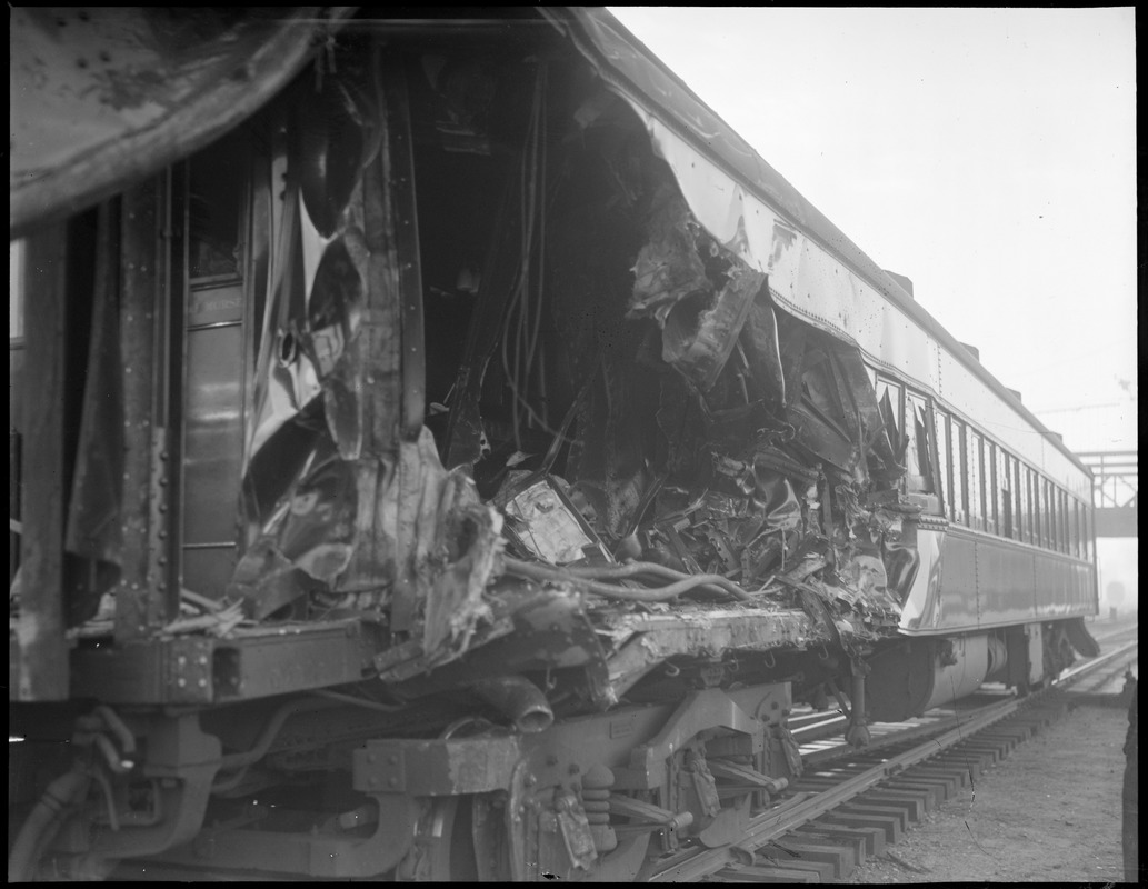 Damaged car after train wreck, South Station Digital Commonwealth