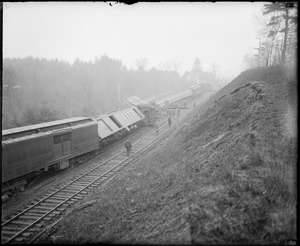 Montreal Express jumps track and goes over bank with 24 passengers in sleeper car, North Charlestown, N.H.