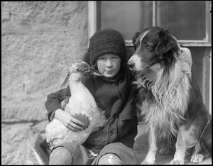 Girl with bird and dog