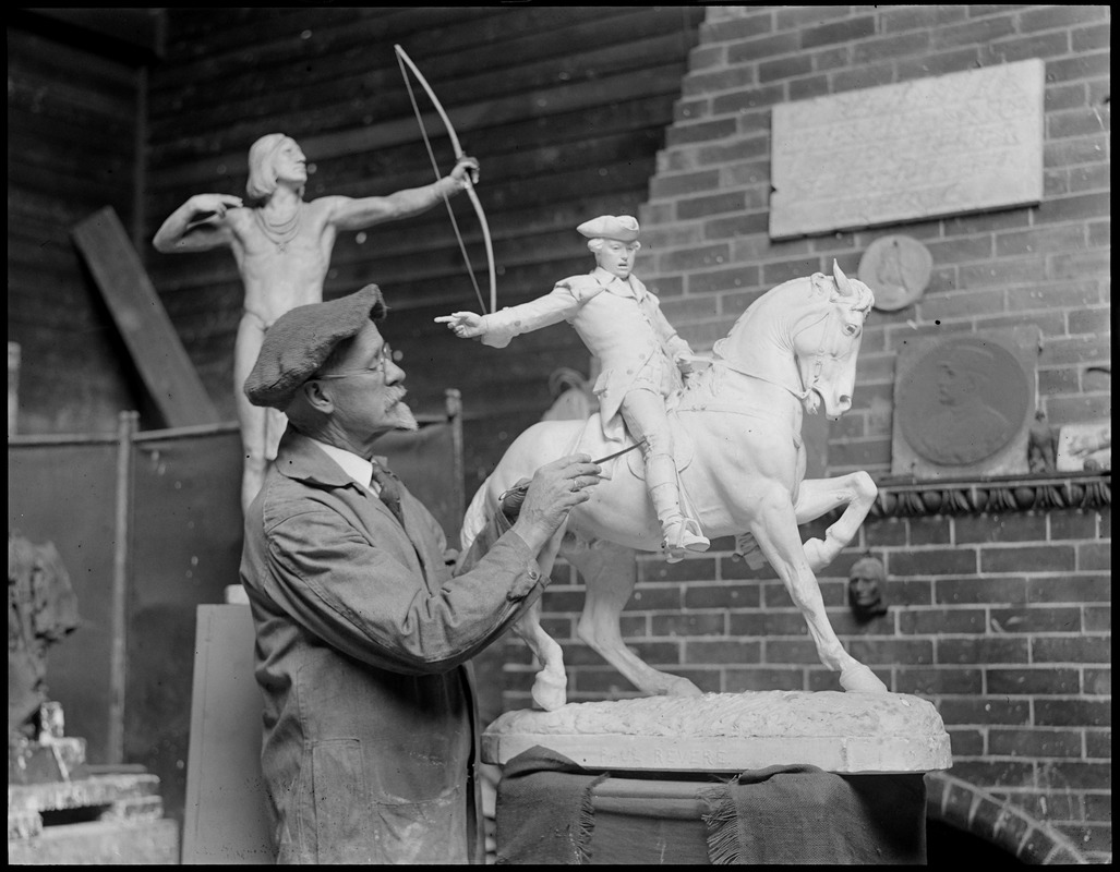Cyrus Dallin, sculptor, working on Paul Revere statue