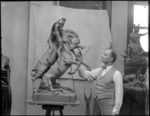 Karl Skoog, sculptor, and model, "Last of the Amazons"
