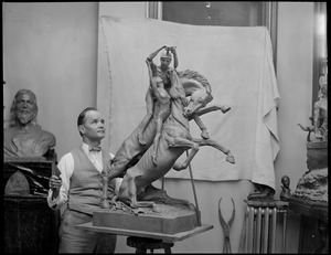 Karl Skoog, sculptor, and model, "Last of the Amazons"