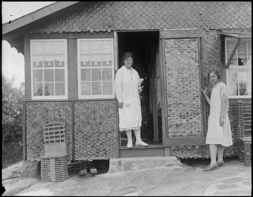 House and furniture made out of newspaper at Pigeon Cove - Rockport, Mrs. Ellis F. Sternman and daughter Vickie