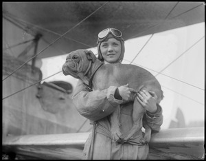 Mrs. Dorothy Warrick, a student at East Boston Airport. From Pittsburg, PA. Wife of a Tech student flies with Hargenhaig, her 13 blue ribbon English bulldog.