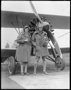 Lt. Robert Baker (I) of the National Guard and Crocker Snow of Skyways, Inc. arrive at East Boston Airport after flight from Wichita, Kansas.