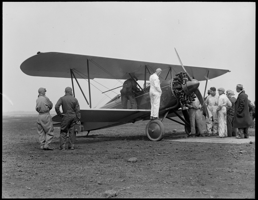 New plane arrives at East Boston Airport from Wichita, KS - piloted by Lt. Crocker Snow