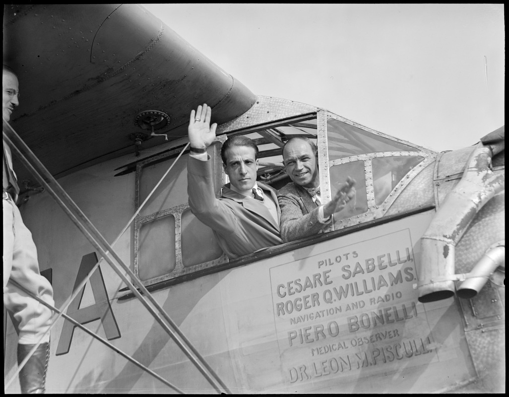 Roger Williams (Waving) and Cesare Sabelli - in cabin of Roma at Old Orchard, ME, before dash across the Atlantic.