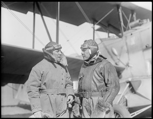 Lt. Ellwood R. Quesada, relief pilot from Bolling Field to go to Greenly Island, Labrador, to take over for Lt. Fairchild who was stricken with appendicitis, and Lt. Richard Cobb who took him.
