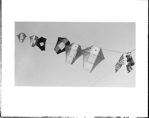 Movie cameraman Al Moffatt aloft in a man-kite at Brockton Fair