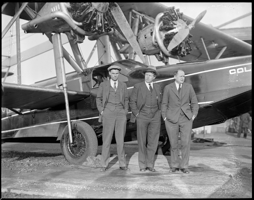 Bernt Balcher, Enslow and Cooper before flight to Horse Island, Newfoundland, to supply survivors of the Viking disaster.