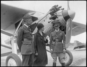 L to R: Maj. John N. Reynolds, control officer, Mrs. Edith Rogers, Congresswoman, Capt. Emilio Carranza, Mexico's good will flier