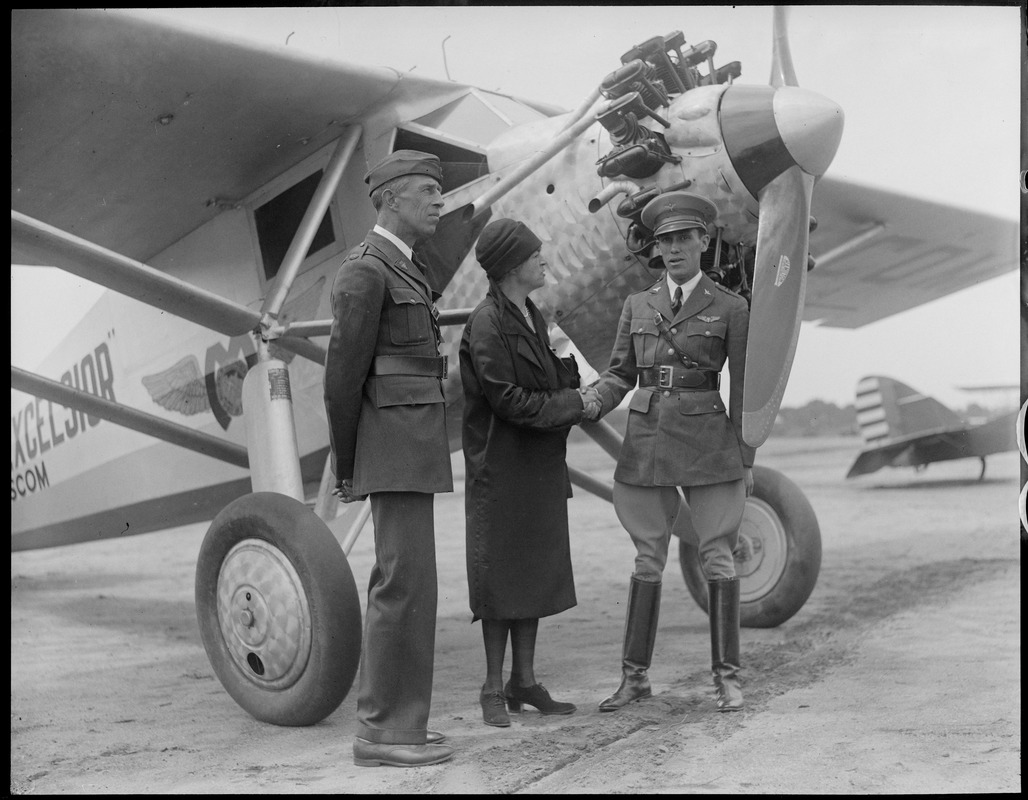 Lowell Airport, L-R: Major John N. Reynolds, Control Officer, Mrs. Edith Nourse Rogers, Congresswoman, and Capt. Emilio Carranza, good will flier from Mexico.