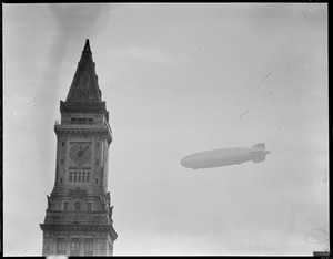 The Hindenburg flies past Custom House tower