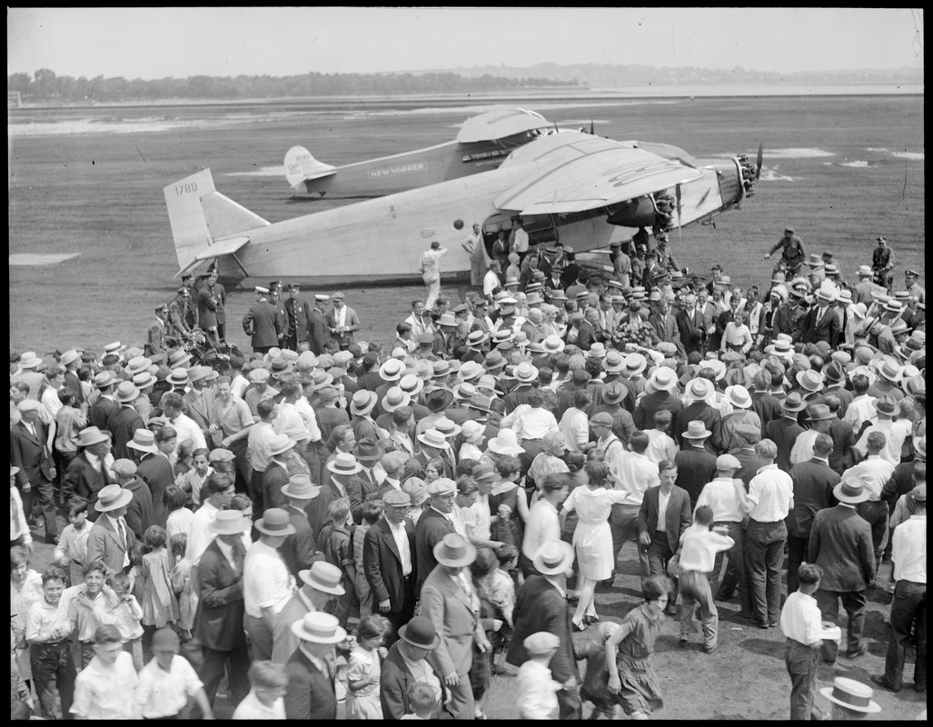 Amelia Earhart arrives at East Boston Airport in Ford Trimotor