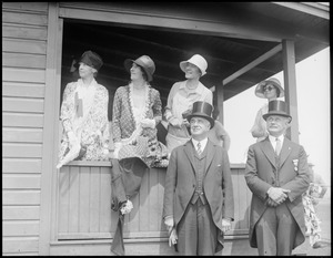 Watching for Amelia Earhart to arrive at East Boston Airport. R-R: Mrs. Amy Earhart (mother of flier), Mrs. Edward Larkin (wife of Medford's mayor), Miss Muriel Earhart (sister of Amelia), Lt. Governor Allen, Mayor Edward Larkin of Medford