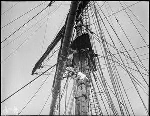 Men in the riggings of Bear of Oakland, Byrd's boat at Charlestown Navy Yard on way to South Pole