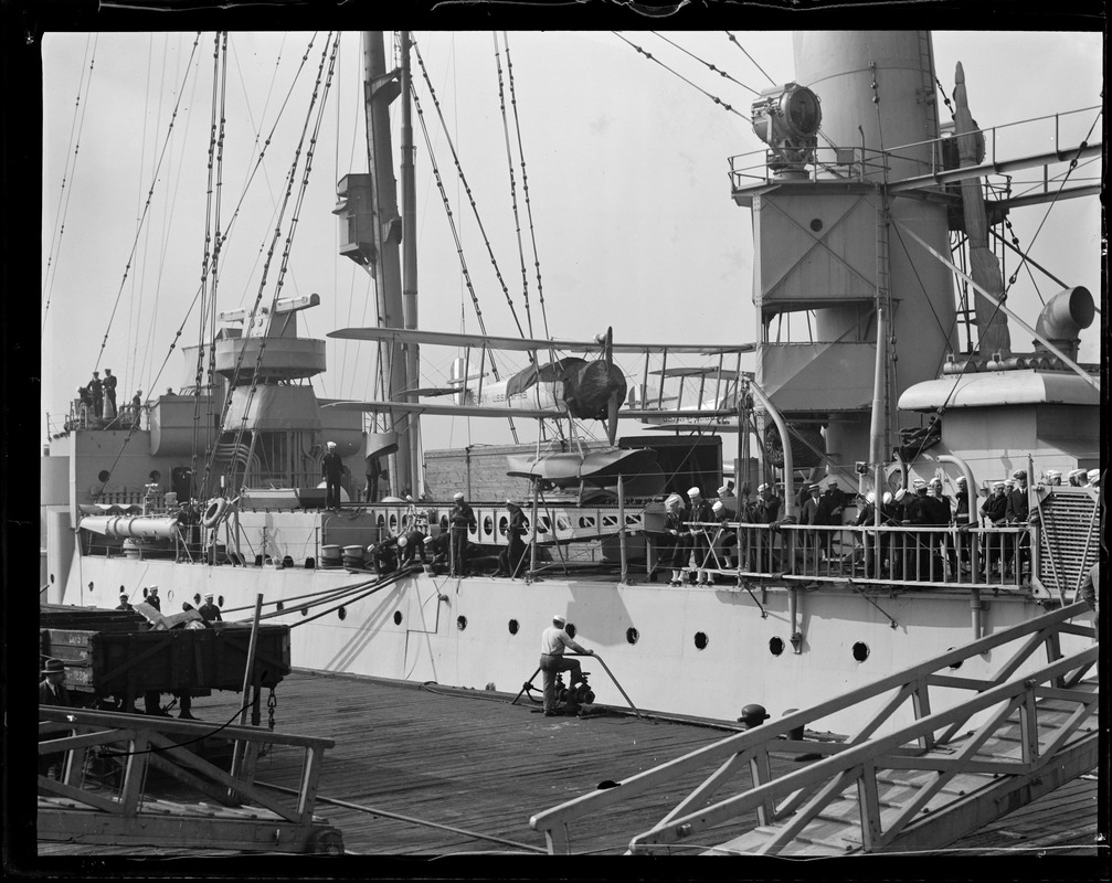 USS Memphis arrives at Navy Yard after it safely landed Lindy in Washington. Crate that shipped the Spirit of St. Louis is on deck.