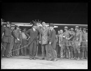 Charles Lindbergh comes to East Boston Airport for the first time. He is greeted by Gov. Fuller and Mayor Nichols.