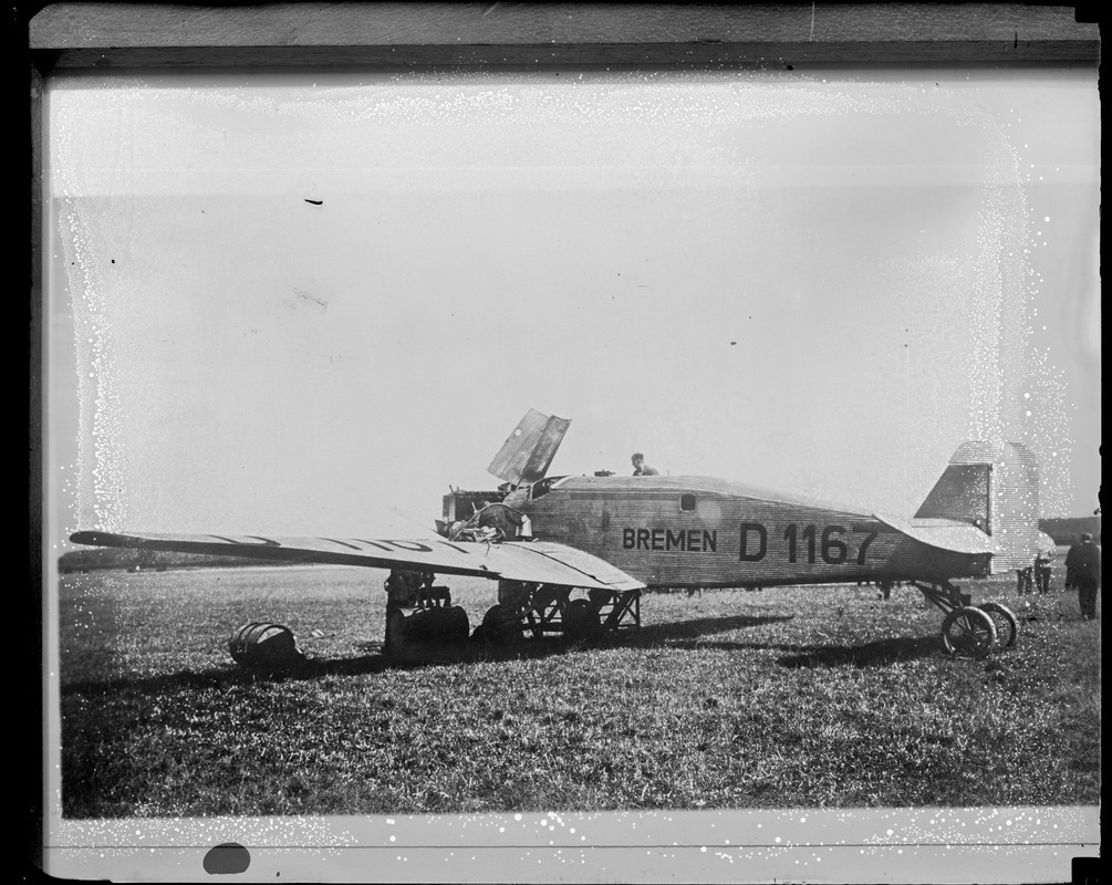 Famous German junker Bremen first to cross Atlantic from Europe. Landing at Greenly Island, Labrador.