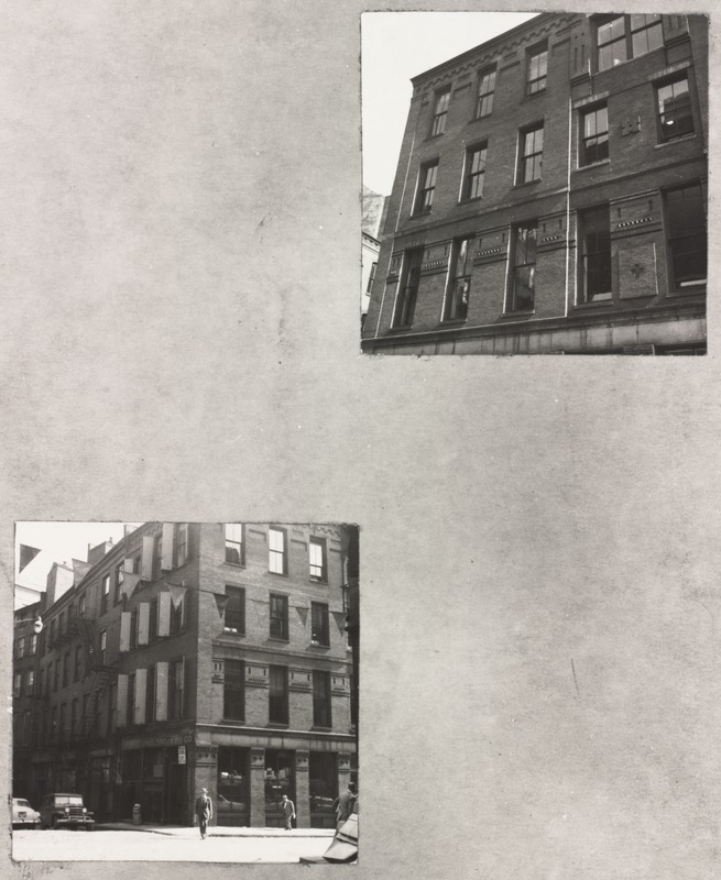 50 Franklin Street constructed 1873, Putnam & Tilden architects. Views of Hawley St. and Hawley Place facade. Taken prior to 1957 modernization by architect, Robert Bastille, Boston