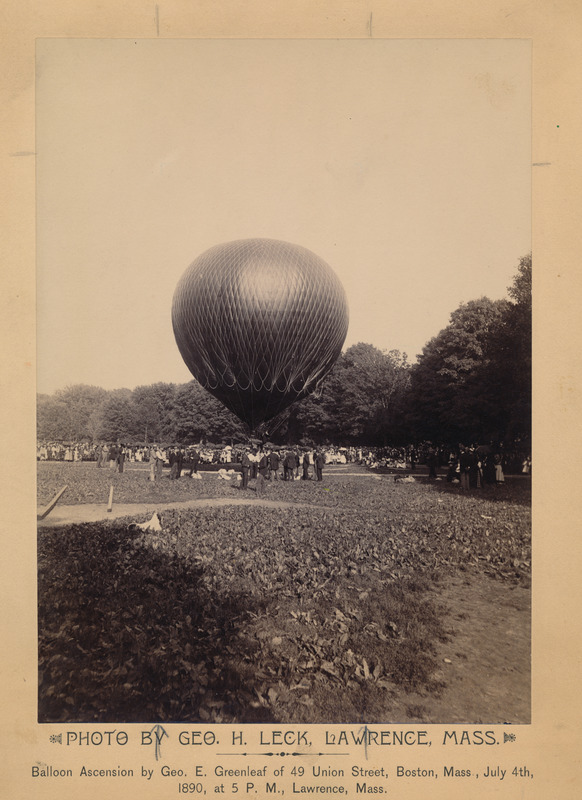 Balloon ascension by Geo. E. Greenleaf of 49 Union Street, Boston, Mass., July 4th, 1890, at 5 P.M., Lawrence, Mass.