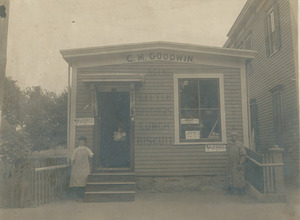 View of C.M. Goodwin store, "agent for Little Brothers Lunch Biscuits," Lawrence, Mass.