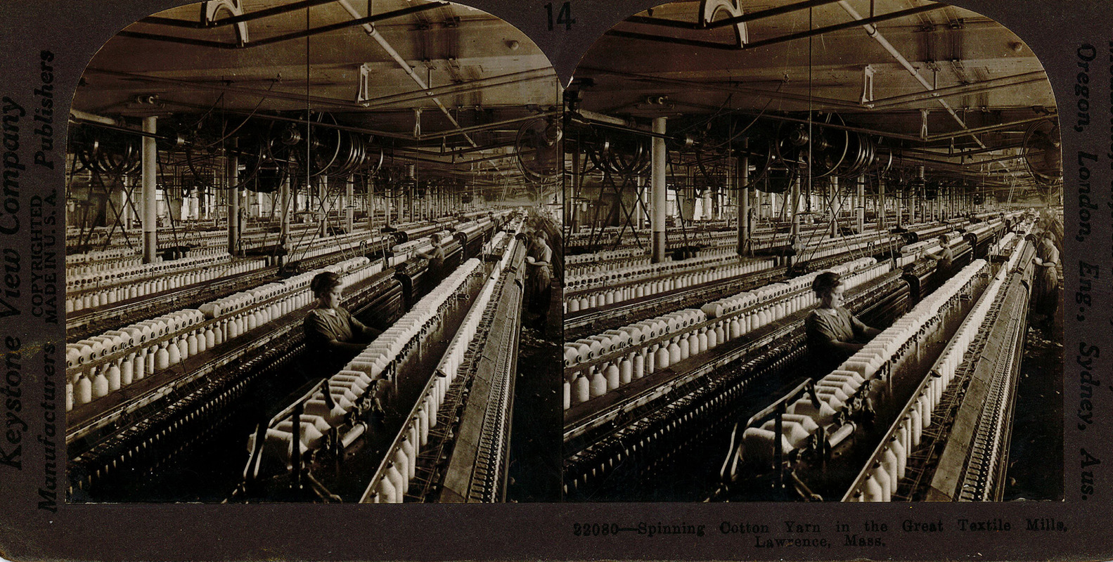 Spinning cotton yarn in the great textile mills, Lawrence, Mass