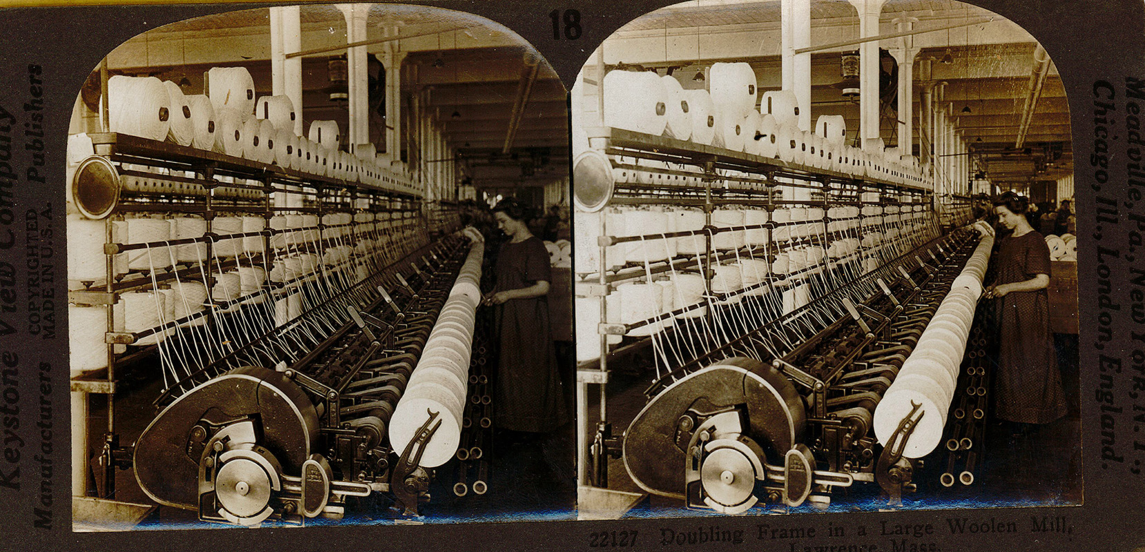 Doubling frame in a large woolen mill, Lawrence, Mass.