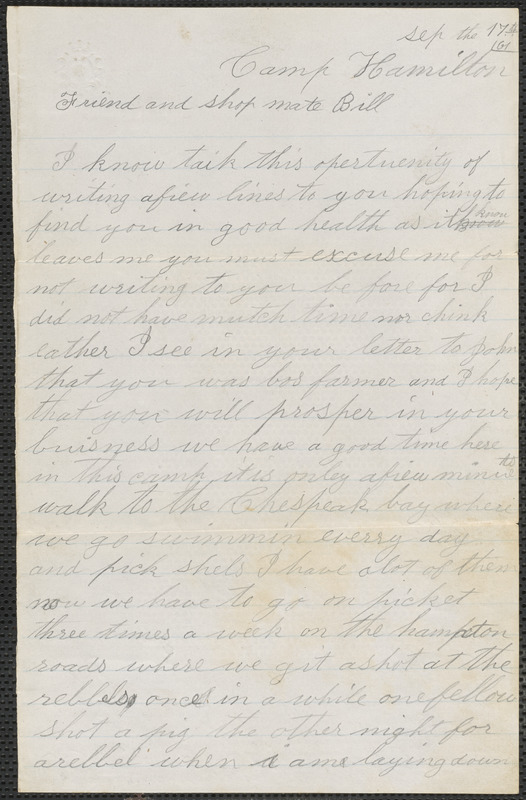 Letter from Timothy Callahan, Camp Hamilton, to William Jubb, September 17, 1861