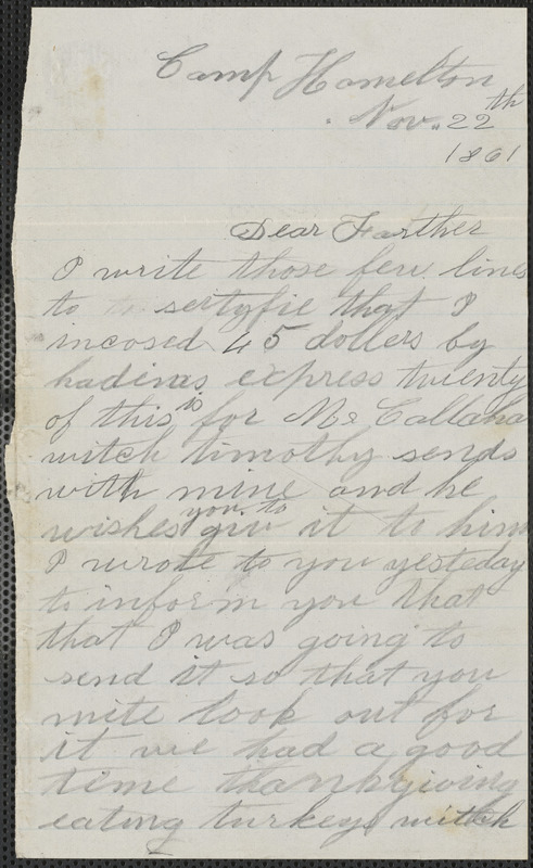 Letter from John Jubb, Camp Hamilton, to Thomas Jubb, West Chelmsford, Mass., November 22, 1861