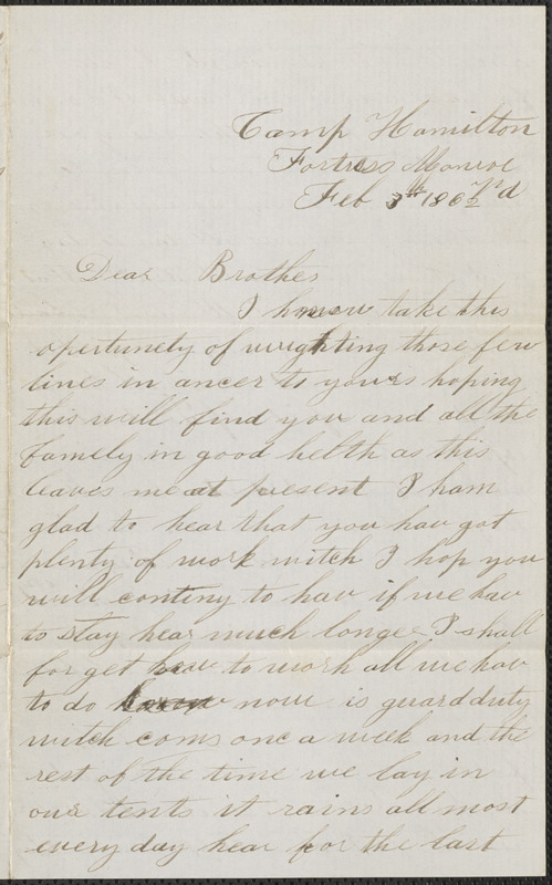 Letter from John Jubb, Camp Hamilton, Fortress Monroe, to Jabez Jubb, West Chelmsford, Mass., February 3, 1862