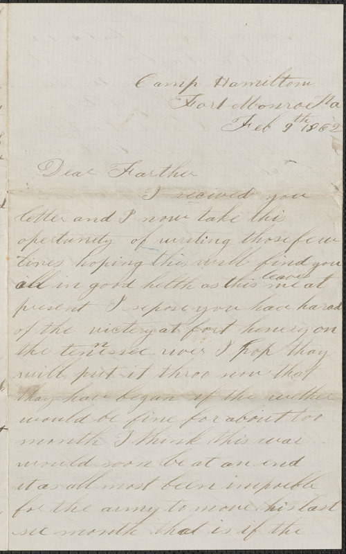 Letter from John Jubb, Camp Hamilton, Fort Monroe Va., to Thomas Jubb, West Chelmsford, Mass., February 9, 1862