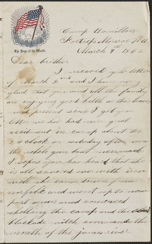 Letter from John Jubb, Camp Hamilton, Fortress Monroe Va., to William Jubb, West Chelmsford, Mass., March 9, 1862